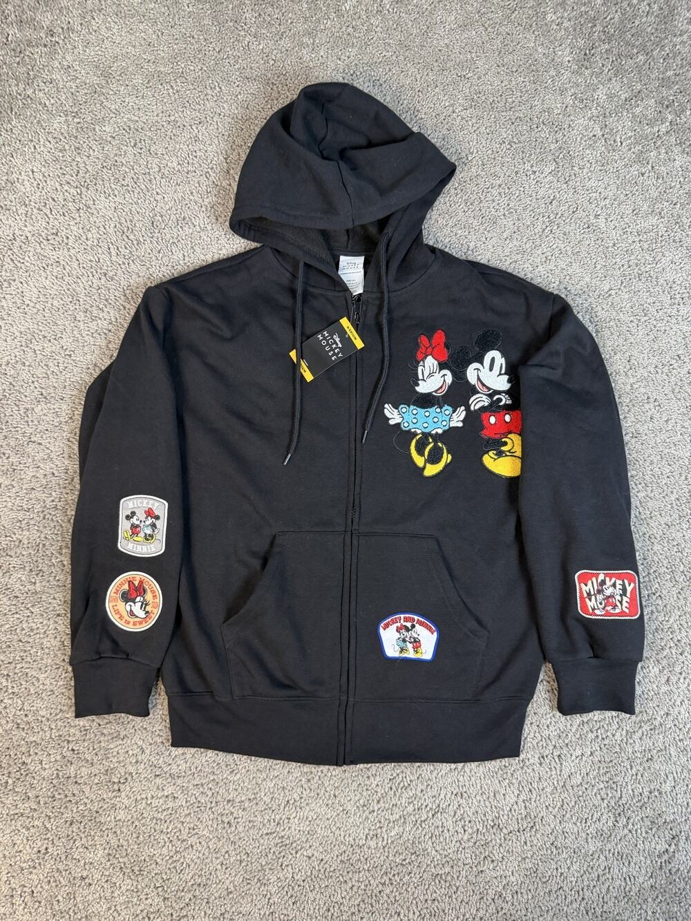 Disney Hoodie Womens M Black Full Zip Mickey Mouse Graphic Patches Hooded Fleece